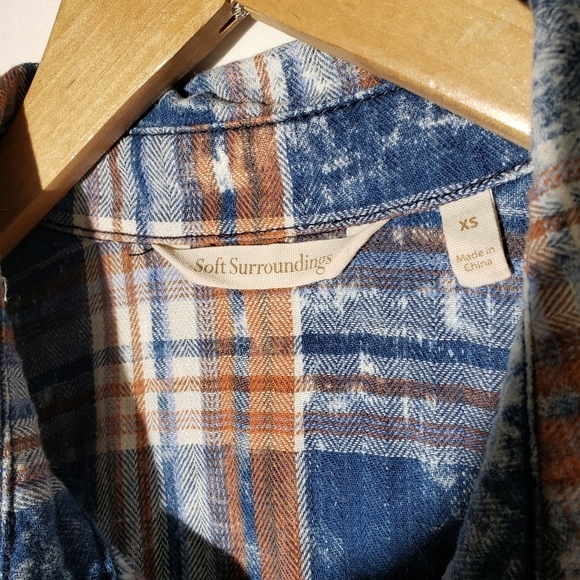 Soft Surroundings Chambray Acid Washed Plaid Tunic Top‎ XS Blue Rust - Picture 3 of 6